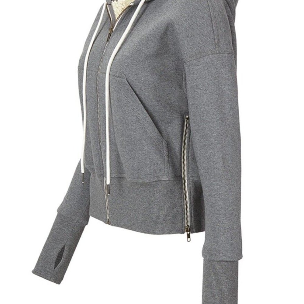 Cabi Apres Ski Hoodie Jacket Medium Grey Sherpa Lined Sweatshirt 3853 Side Zips - Picture 3 of 5